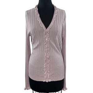 Anne Fontaine Light Pink Purple Metallic Cardigan Ruffle Trim Front Button Sz 46